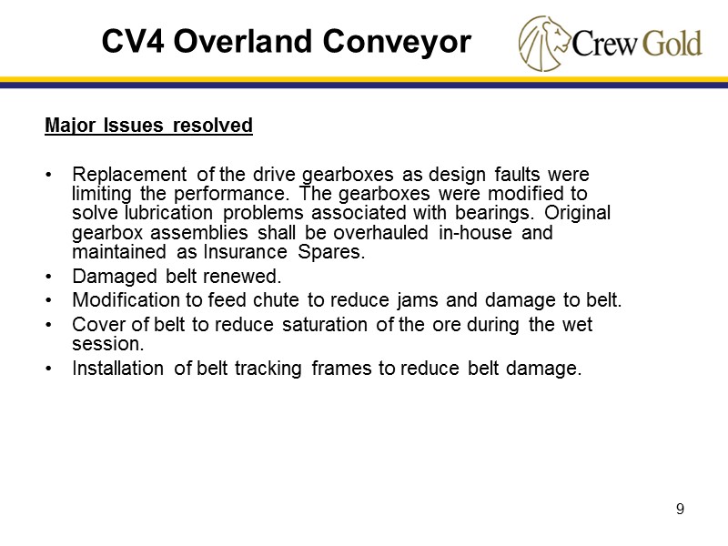 9 Major Issues resolved  Replacement of the drive gearboxes as design faults were